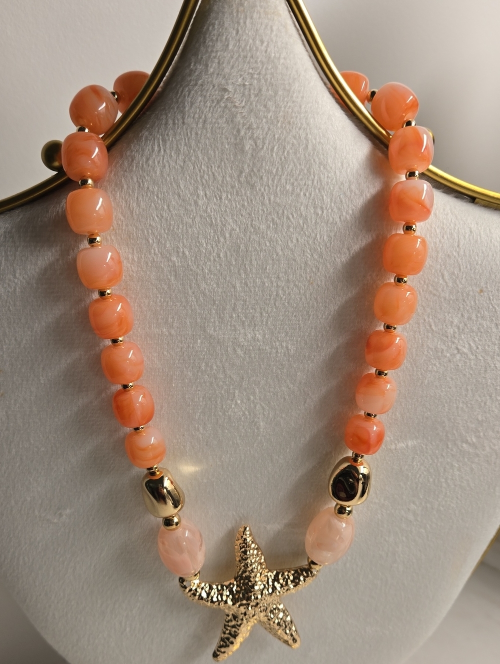 Gold Starfish Tropical Pendant Necklace with Coral Beads - Top Quality